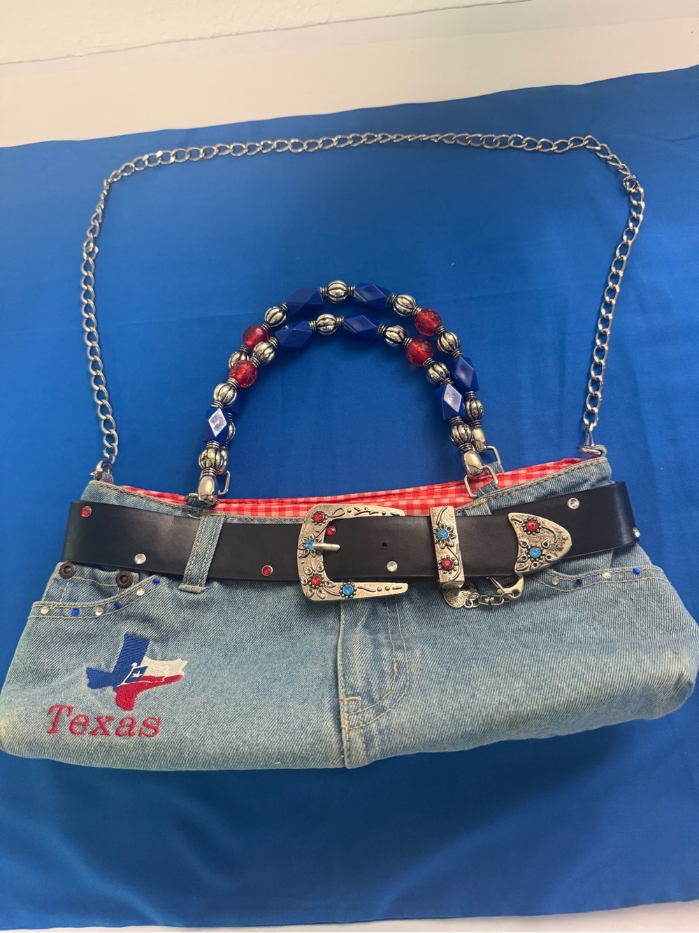 ABJ Jeans Texas Denim Western Shoulder Bag | Beaded Handle | Chain Strap | Embro